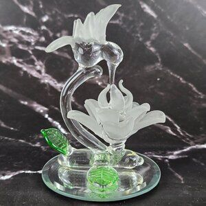 Handblown Glass Hummingbird Figurine With Flower & Leaves on Mirrored Base
